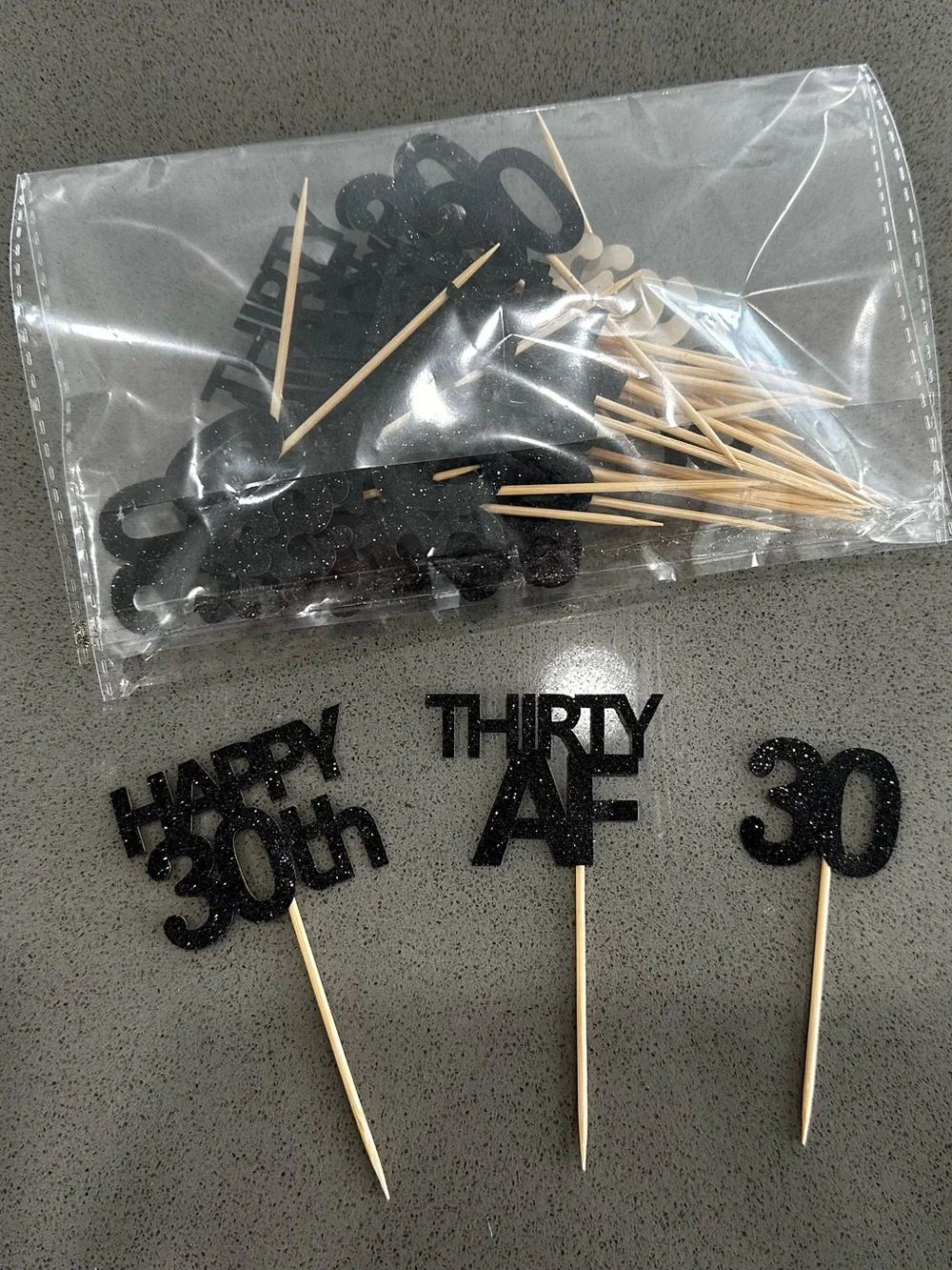 Thirty AF, Happy 30th, 30 Black Glitter Cupcake Toppers 30th Birthday Party NEW.